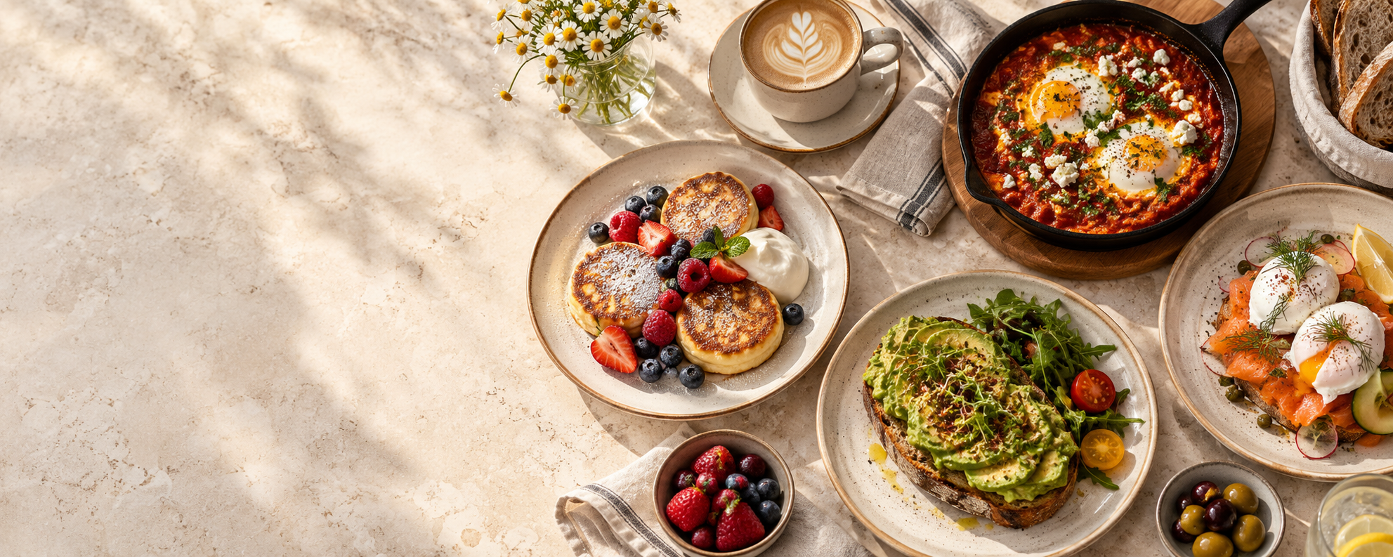 A sunlit brunch table with cottage cheese pancakes, shakshuka, avocado toast, and salmon with poached eggs