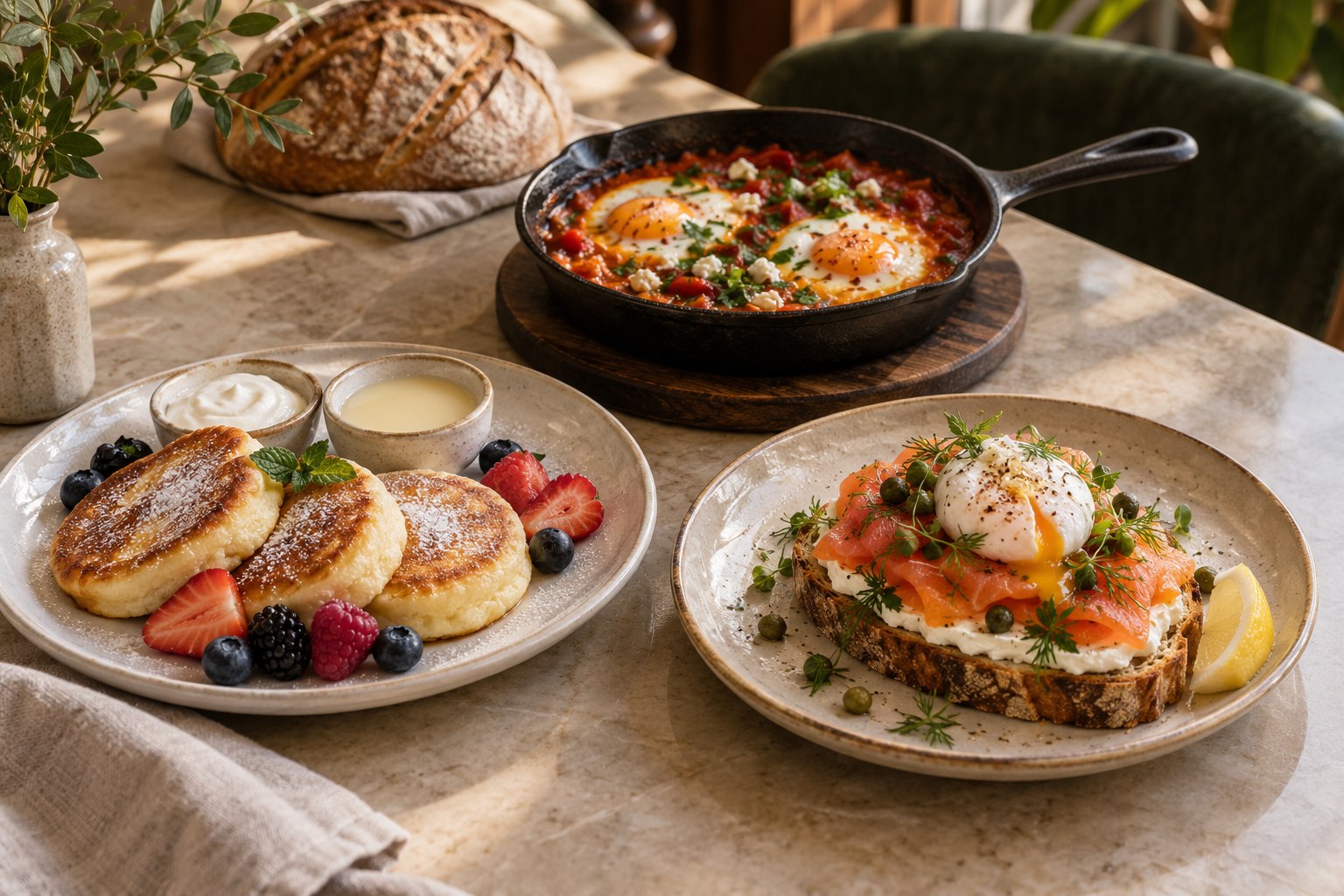 Cottage cheese pancakes, shakshuka, and smoked salmon sourdough toast with a rustic sourdough loaf
